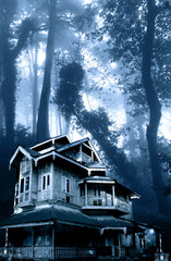 Haunted house. Old abandoned house in the night forest