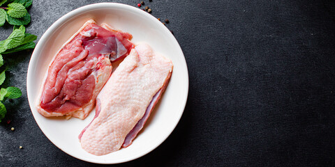 raw duck breast meat poultry and spices barbecue grill fresh portion on the table meal snack top view copy space for text food background rustic image 