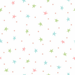 Cute seamless pattern with scattered small stars and dots. Simple vector illustration.