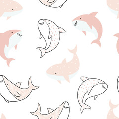Vector hand-drawn colored childish seamless repeating simple doodle pattern with sharks in scandinavian style on a white background. Cute baby animals. Pattern for kids with sharks. Sea. Underwater.