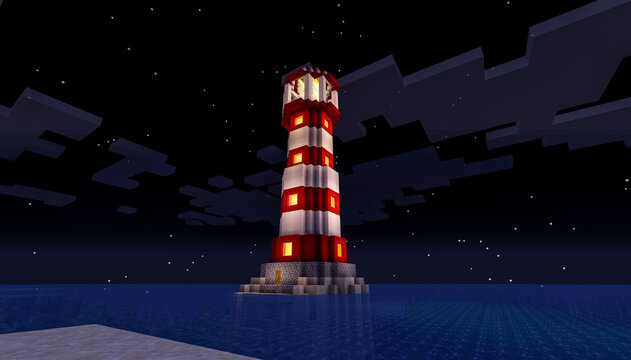 Minecraft Game – February 9 2021: Sample of Simply Lighthouse in Minecraft Game 3D illustration. Editorial