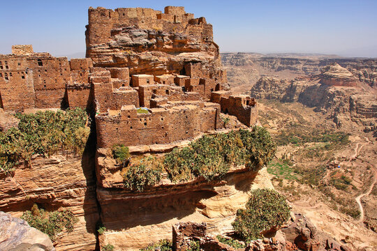 Landscape of mountains Yemen in Eastern Haraz Ruins of an old fortress