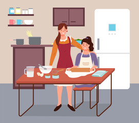 Mother and daughter cook food. Family working in the kitchen. Cooking together, making pie, parent with kid prepearing meal, girl helping mother to prep rolls dough with a rolling pin on the table