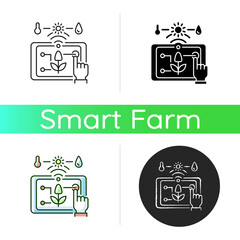 Precision agriculture icon. Smart farm. Modern technologies in agriculture. Satellite farming. Crop management. Linear black and RGB color styles. Isolated vector illustrations