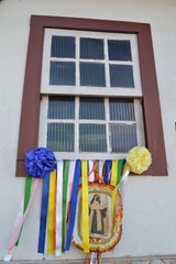 window with a religious flag