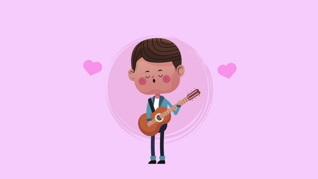 cute lover boy playing guitar and hearts