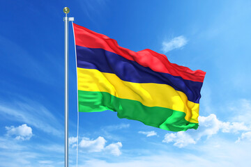 Mauritius flag waving on a high quality blue cloudy sky, 3d illustration