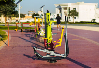 Outdoor gym in the park on early morning hour.Activity