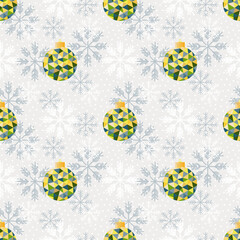 Seamless New Year's pattern with Christmas balls on a gray background and snowflakes for printing on fabrics, wrapping paper, textiles. Trending colors in China 2021: blue, green and yellow. 