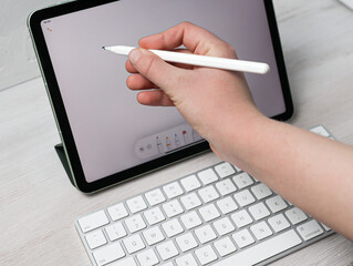 hand with pen on laptop