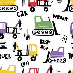 Vector hand-drawn seamless repeating children simple pattern with cars in Scandinavian style on a white background. Kids seamless pattern with building equipment. Funny construction transport © ZHUKO