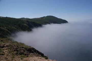 Fototapeta na wymiar Thick fog over the great lake Baikal, Siberia