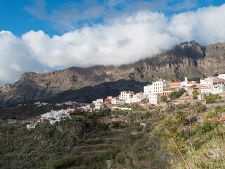 Picturesque Canarian village Tejeda in mountain valley scenery and view of bentayga rock Gran Canaria, Canary Islands, Spain