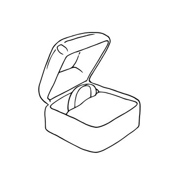 wedding ring in an open box - vector illustration in doodle style. hand drawn sketch of jewelry wedding decoration.