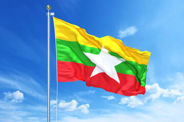 Myanmar flag waving on a high quality blue cloudy sky, 3d illustration