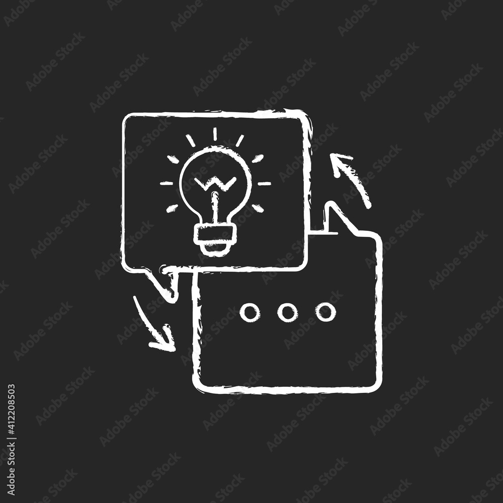 Sticker Sharing experience chalk white icon on black background. Workshop, training.Transfer of the best thoughts and ideas. Light bulb. Fresh perpective. Isolated vector chalkboard illustration