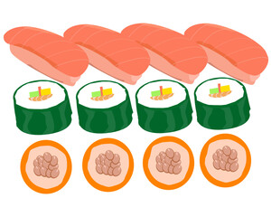 Japanese cuisine vector. Sushi and rolls set isolated on white background.