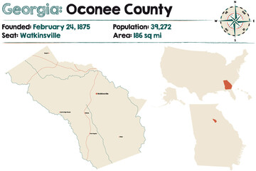 Large and detailed map of Oconee county in Georgia, USA.
