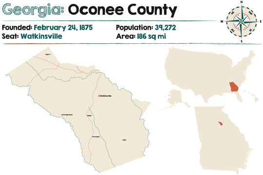 Large And Detailed Map Of Oconee County In Georgia, USA.