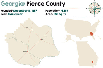 Large and detailed map of Pierce county in Georgia, USA.