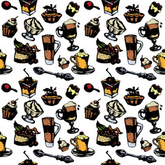 Set of cakes and desserts. Freehand drawings.