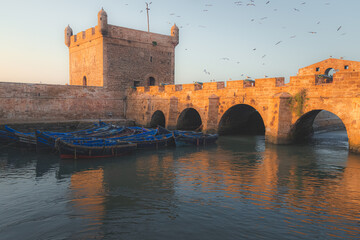 A clear evening at the historic Scala Harbour at Essaouira Citadel with flocks of seagulls filling...