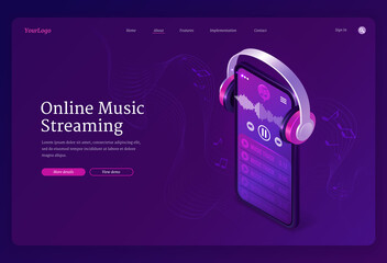 Online music streaming service isometric landing page. Playlist in smartphone audio player application and headphones playing mp3 stream with notes on stave around. 3d vector concept for web banner