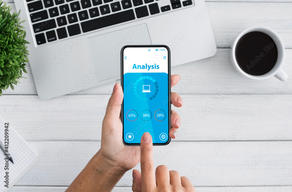Aufkleber unrecognizable woman using smartphone with data analysis app on screen, collage