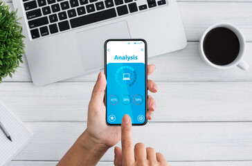 Unrecognizable woman using smartphone with data analysis app on screen, collage