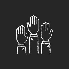 Participation chalk white icon on black background. Taking part in proffesional workshops. Active position. Hands raised up. hands-on learning. Isolated vector chalkboard illustration