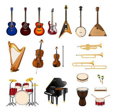 Musical instruments pealistic. Different types of musical instruments illustration
