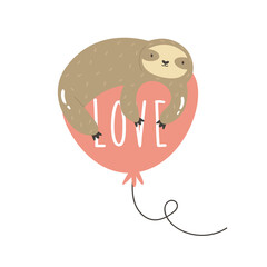 Funny sloth lying on a balloon with text Love.