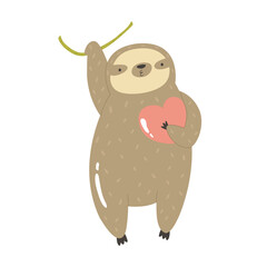 Funny sloth hanging on a tree with heart in the paws.