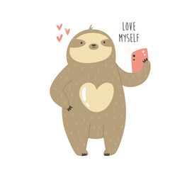 Funny sloth taking selfie and text LOVE MYSELF.