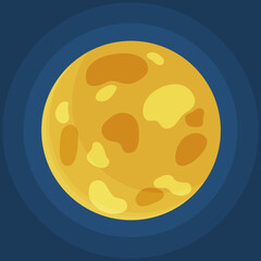 Cartoon fantastic yellow planet on dark blue space background. Cosmic object solar system astronomical element. Space game element vector objects round shape. Celestial body in orbit around a star