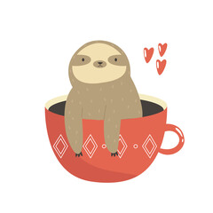 Funny sloth sitting inside of red mug. Vector illustration of a cute animal. © danceyourlife