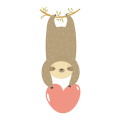 Funny sloth hanging on a tree with heart in the paws.