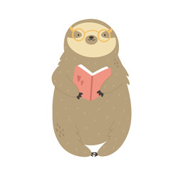 Vector illustration of a cute funny sloth with book.