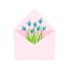 Pink open envelope with flowers. Cute stock vector illustration in shabi chic style, simple cartoon style. Mailing list design element. Isolate on white background.