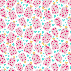 seamless pattern jars with cork full of pink hearts. Print for wrapping paper, wallpaper, covers. Vector illustration, endless background.