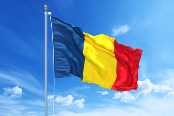 Romania flag waving on a high quality blue cloudy sky, 3d illustration