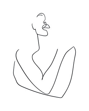 Continuous line, drawing of beauty woman hugging herself with crosed hands. Minimalism style. - Vector illustration