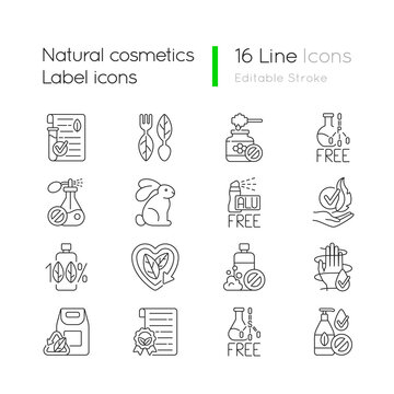 Natural cosmetic linear icons set. Eco movement. Harmful chemical additives. Silhouette symbols. Customizable thin line contour symbols. Isolated vector outline illustrations. Editable stroke