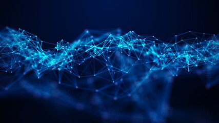 Abstract wave with moving dots and lines. Flow of particles. Cyber technology illustration. 3d rendering