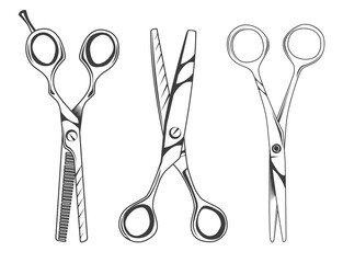 Set of scissors symbol isolated on white background. Opened hair cutting scissor. Barber logo icon. Tool for the work of a hairdresser or tailor. Metal cutting tool for hair or paper, sharp instrument