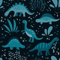 Seamless pattern with different dinosaurs on a light background. Vector Background for fabric, textile, posters, gift wrapping paper, napkins, tablecloths.