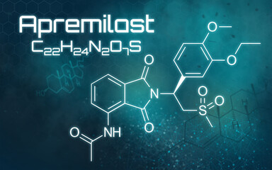 Fototapeta premium Chemical formula of Apremilast on a futuristic background