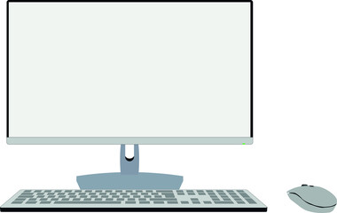 Desktop monitor keyboard and mouse with white wallpaper screen isolated on grey