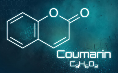 Chemical formula of Coumarin on a futuristic background