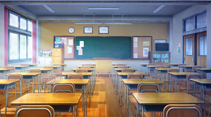 Classroom - Day , 2D Anime background , Illustration.